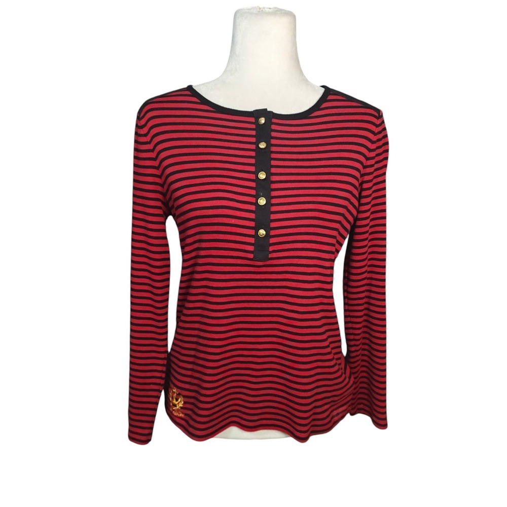 Lauren‎ Ralph Lauren Red Black Striped Henley Top Gold Crest Buttons Anchor M